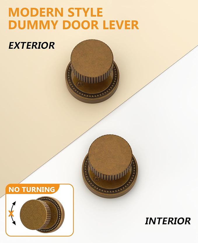 Asidrama 2 Pack Antique Brass Dummy Door Knob, Non-Turning Decorative Door Lever with Door Knobs for Closet, French Double Doors, Pantry & Interior Push/Pull Use