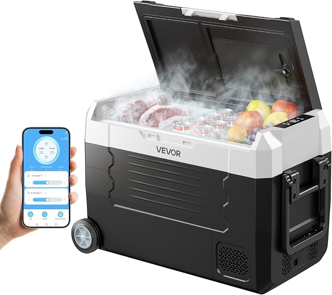 VEVOR Car Refrigerator, DC 12/24V AC100-240V Compressor Electric Cooler, -4°F to 68°F Truck Refrigerator with APP Control, Wheels & Dual Zone, 37 QT Cars Cooler for RVs, Boats, Camping, Fishing