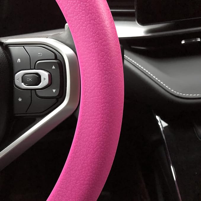 Pink Car Steering Wheel Cover: Universal 13.5 to 15 inches Silicone Steering Cover Compatible with Most Car Models Fit for Round Shpe D Shape