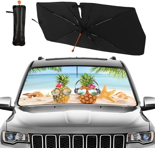 CHILL·TEK Funny Car Windshield Sun Shade Umbrella, Hawaiian Pineapple Car Sun Shade Umbrella, Block UV Rays Heat Foldable Windshield Umbrella Sun Visor Protector - Keep Vehicle Cool for Cars SUV