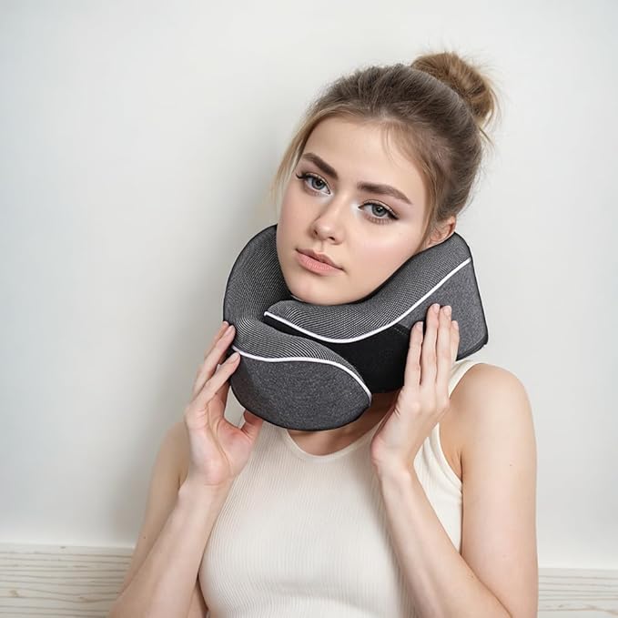 Travel Pillow 100% Pure Memory Foam Neck Pillow, Sleeping Pillow for Car, Train and Airplane, Travel Kit with 3D Contoured Eye Masks and Earplugs (Dark Gray)