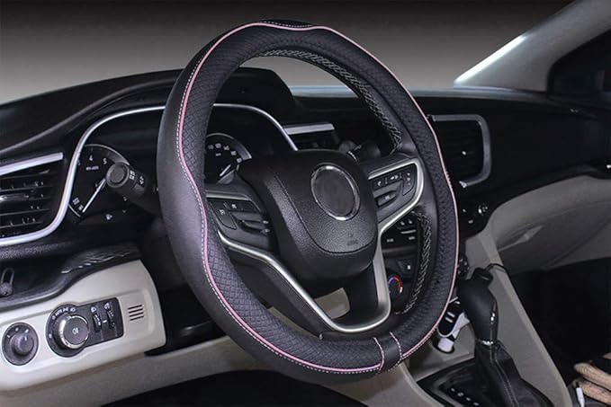 Mayco Bell Small Size Steering Wheel Cover Anti-Slip,Safety,Soft,Breathable,Durable,Full Surround,Comfortable Grip Microfiber Leather (14-14.25 inch, Black Pink)
