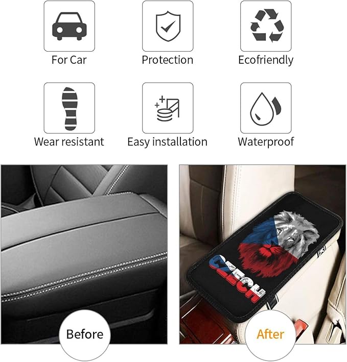 Vintage Czech Republic Czechs Czechish Flag Lion Head Auto Center Console Armrest Cover Car Handrail Box Cushion Pad Mat Universal Fit Most Vehicle Sedan Truck SUV Soft Comfort Decor Accessories