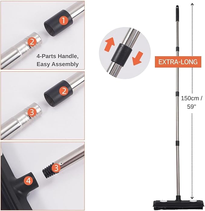 Pet Hair Remover Carpet Rake Reusable Rubber Broom with Squeegee for Sweeping Pet Hair Removal Tool 59" Long Handle Cat and Dog Hair Remover for Rugs, Carpet, Hardwood Floor, Tile