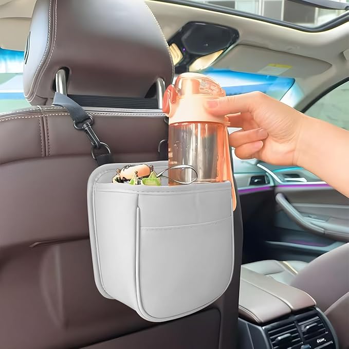 Mandark Car Seat Back Organizer, Vehicle Backseat Hanging Bag with Storage Pocket, Multifunctional Automotive Interior Headrest Trash Can Box Accessories, Universal for SUV, Sedan, Truck (White)