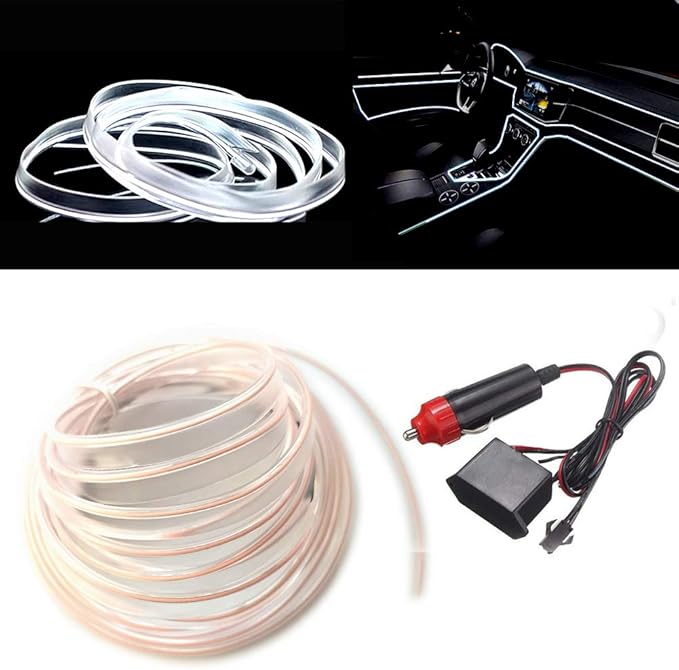 MaxLax White LED Neon Car Interior Lighting Strip - 3 Meter Flexible 12V EL Wire with Built-in Fuse Protection for Automotive Interior Customization, Featuring 6mm Sewing Trim for Easy Installation.
