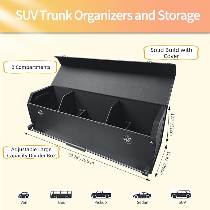 SUV Trunk Organizers, Leather Car Trunk Storage Organizer with Lid & Push-pull Handle, Large Capacity Waterproof Cargo Storage Box for SUVs Sedans Vans (39.7 x 11.4 x 12.2in)