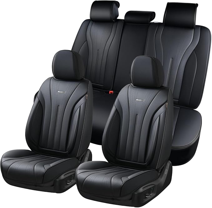 Coverado Car Seat Covers Full Set, Waterproof Nappa Leather Seat Cover for Cars, Luxury Universal Seat Cover, Front and Back Car Seat Protector Car Seat Cushion Fit for Most Cars(Black)