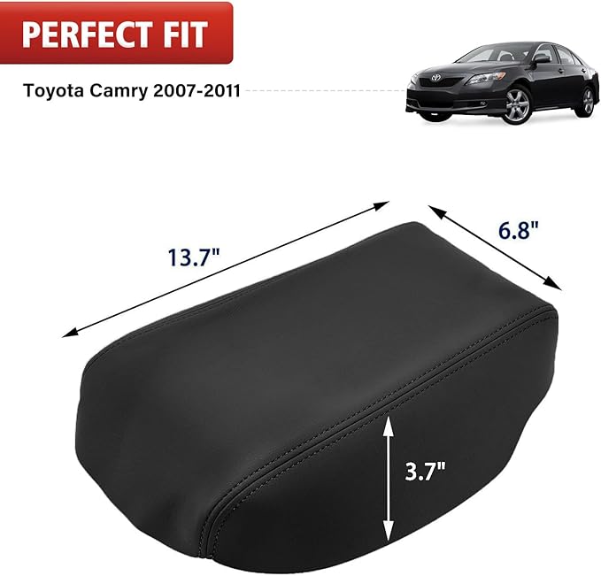 KBH Center Console Cover Replacement for Toyota Camry 2007 2008 2009 2010 2011, Vinyl Leather, Car Armrest Upholstery, Anti-Scratch, Black (Leather Part Only)