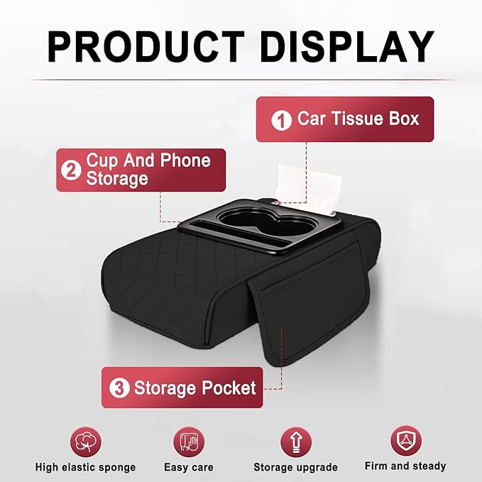 Car Armrest Storage Box for Nissan Hardbody (D21) 1986–1997, Center Console Organizer with Side Pocket, Ergonomic Memory Foam Armrest Cushion, Car Elbow Support Pad,D Red