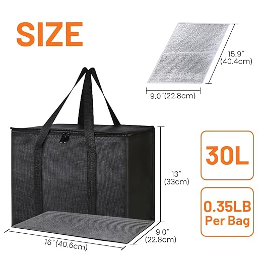 1PK Insulated Grocery Bags Reusable Heavy Duty - Cooler Tote with Reinforced Base for Stability & No Sag - XL Thermal Bag for Hot Cold Food, Delivery, Shopping, Travel, Camping,Grocery Essentials
