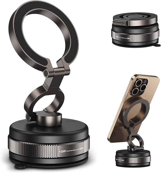 ELUTENG Suction Cup Phone Mount for Magsafe 360° Vacuum Magnetic Phone Holder for Car Metal Strut Car Mount Compatible for iPhone 17 16 15 14 13 12 & Samsung Android Magsafe Case
