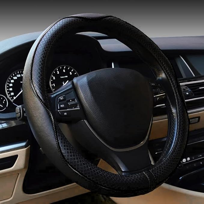 LABBYWAY Microfiber Leather Steering Wheel Cover, Universal 14.5-15 Inch Steering Wheel Anti Slip Car Interior Accessories for Men Women (Black)