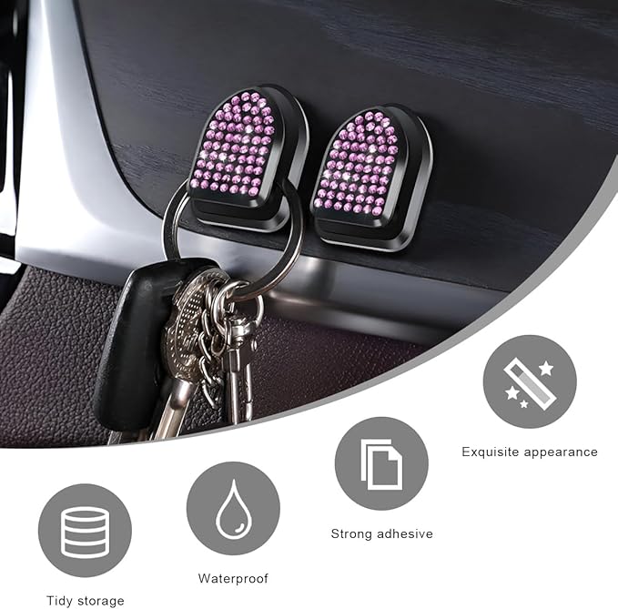 4 PCS Bling Car Mini Hooks, Cute Rhinestone Adhesive Back Seat Auto Hangers, Multifunctional Crystal Hanging Storage Hook for Vehicle Dashboard Wall Hat Coat Towel Key (Pink)