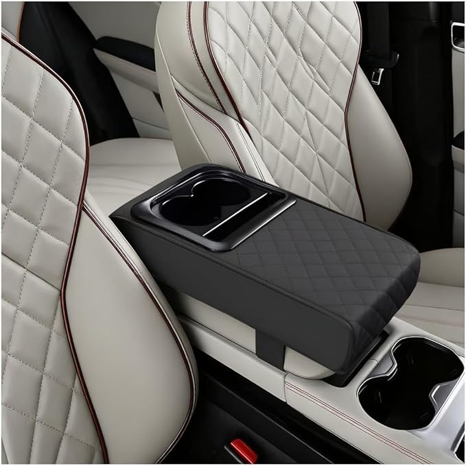 Car Center Console Armrest Pillow, Vehicle Armrest Seat Box Cushion Pad with Cup Holder & Phone Holder, Comfortable Auto Middle Console Cover, Universal for SUV RV Truck (Diamond, Black)