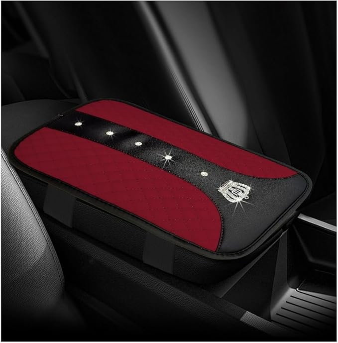 Bling Leather Car Center Console Cover, Anti-Slip Crown Armrest Seat Box Cushion Pad with Rhinestones, Waterproof Crystal Arm Rest Protector Interior Decor for Most Vehicles (Wine Red)
