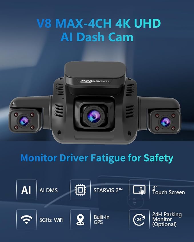 HUPEJOS AI 4K Dash Cam Front and Rear Recording with Driver Monitoring System,STARVIS 2,360° View 4 Channel Dashcam Free 64G Card,5G Wi-Fi GPS,3" Touch Screen,Night Vision,CPL,24/7 Parking Mode,V8 MAX