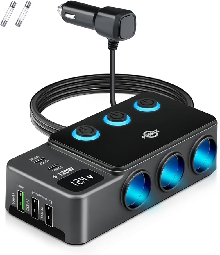 8 in 1 Cigarette Lighter Splitter, 120W Car Charger Adapter with PD 30W Type-C & QC3.0, 3-Socket Car Outlet with 5 USB Ports, LED Voltmeter, Independent Switches, 12V/24V Multi-Port Charger