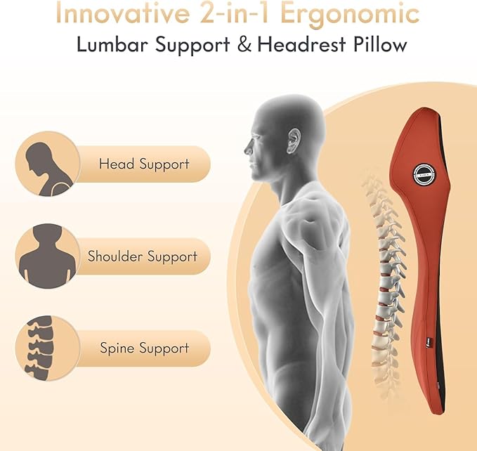 FLORICH Memory Foam Car Seat Cushion with Lumbar Support Headrest Pillow 2-in-1 Ergonomic Back Support and Neck Pillow Car Cushion for Driving Seat Back Rest Pillow Pressure Sciatica Pain Relief, Red
