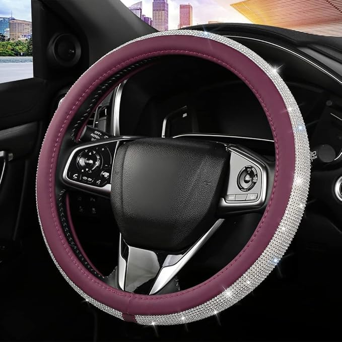 Bling Diamond Leather Steering Wheel Cover, Purple Steering Wheel Covers for Women Girls with Crystal Rhinestones, Universal Fit 14.5"-15" Car Steering Wheel Bling Cover Accessories