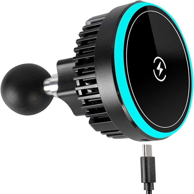 Magnetic Wireless Charging Phone Holder with 1" Ball for RAM Mounts, 15W Fast Charger with TEC & Fan Dual Cooling for Magsafe iPhone 17/16/15/14/13/12 Series, Fits RAM B-Size Double Socket Arm