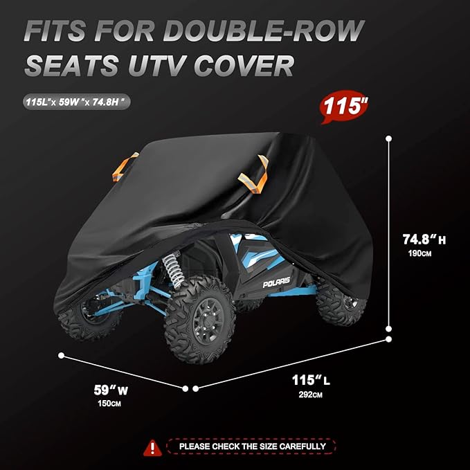 UTV Cover 2 Seater Waterproof Outdoor,Side by Side ATV Covers,Durable Anti-UV All Weather Protection, Compatible with Polaris Ranger RZR Can-am Defender Yamaha Honda Pioneer,115" Lx59 Wx74.8 H