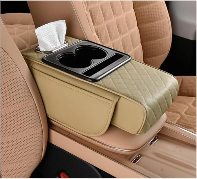 Car Center Console Cover, Memory Foam Nappa Leather Vehicle Armrest Cushion with Tissue Box, 2 Storage Bag & Holder, Automotive Arm Rest Protector Accessories, Universal Fit (Beige)