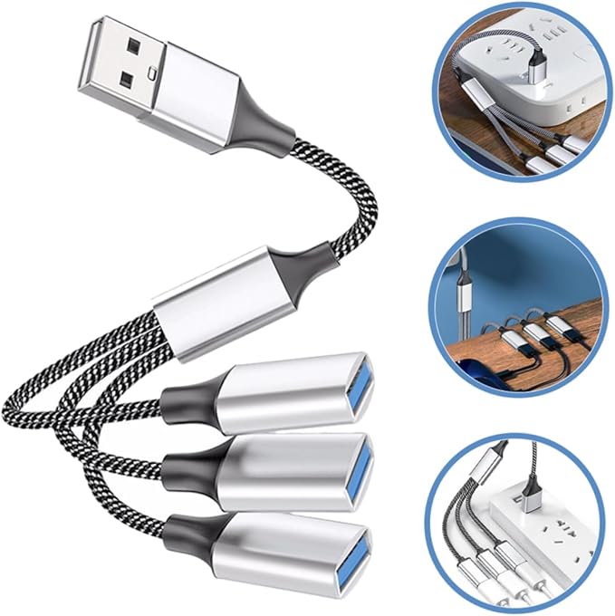 Angoily USB Power Splitter Hub 1 Male to 3 Female Multi-Port USB Cable Splitter for Laptop Car Home