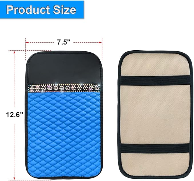 Bling Leather Car Center Console Cover, Car Center Console Protector With Glossy Crystal Rhinestone, Universal Waterproof Car Armrest Seat Box Cover For Most Car, Vehicles, SUVs, Trucks (Blue)