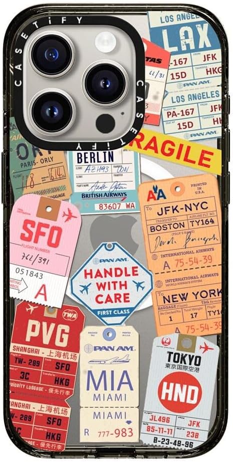 CASETiFY Impact iPhone 15 Pro Case [4X Military Grade Drop Tested / 8.2ft Drop Protection/Compatible with Magsafe] - Stickers Print - AirTags - Clear Black
