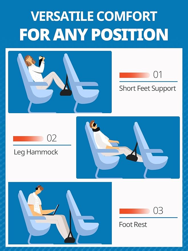 2-Pack Airplane Foot Hammock for Travel, No Collapse Plane Foot Hammock with Wide Hardboard Support, Portable Foot Sling for Under Desk with Adjustable Strap, Carry Bags for Women & Men