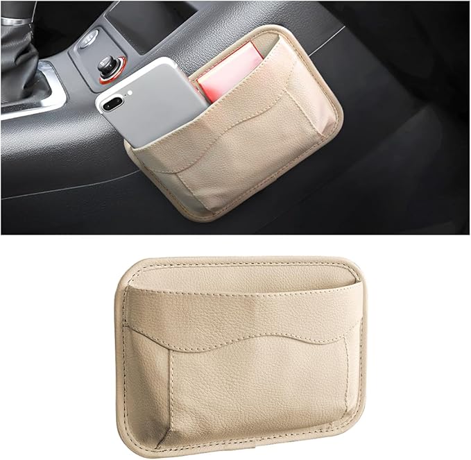 Osilly Car Seat Side Pocket Organizer, PU Leather Pen Phone Sunglasses Holder Tray Pouch Seat Gap Filler, Mini Storage Bag Car Interior Accessories for Auto Seat Door Window Console (Beige)