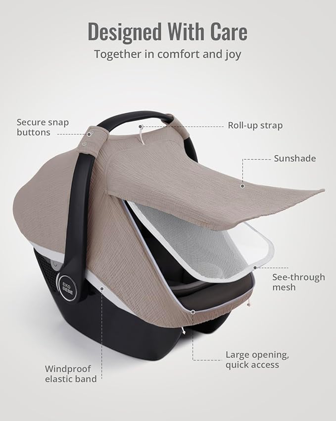 Blissful Diary Baby Car Seat Cover, Extra Large Mesh Window, Breathable Muslin Cotton, Infant Windproof Canopy, Agreeable Gray