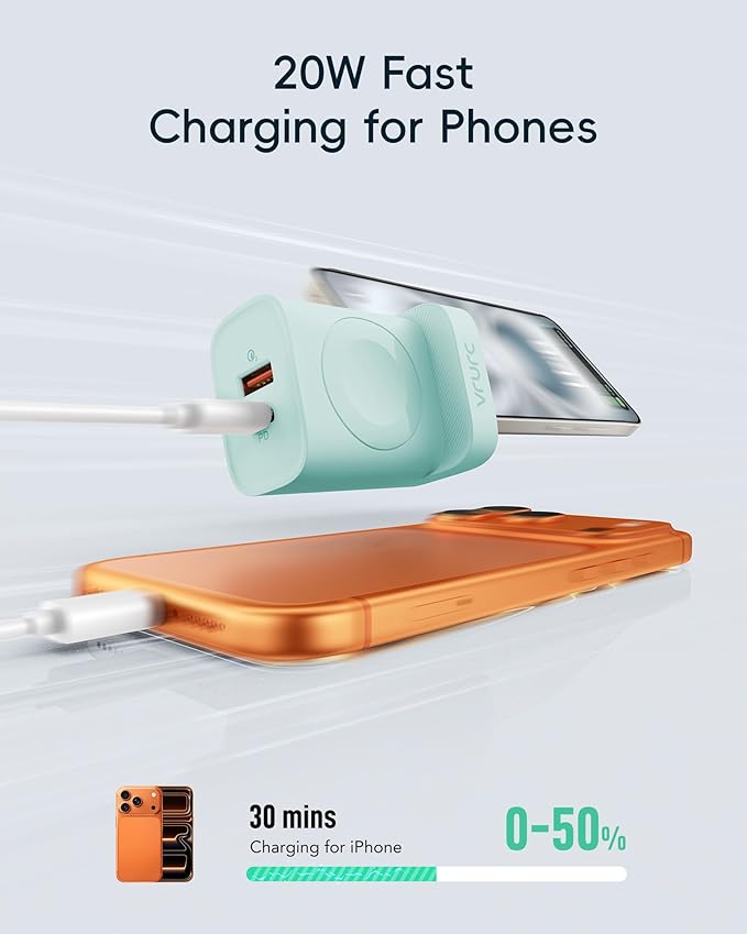 VRURC Charger for Apple Watch, Built-in Wireless Magnetic Charging Station for iWatch SE/11/10/9/8/7/6/5/4, PD 20W USB C Charging Block, Folable Wall Charger Fast for iPhone 17/16/15/14/13-Green