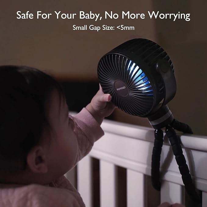 Momcozy 8000mAh Portable Stroller Fan | 27H Ultra-long Battery Life | Detachable 4 Speed 360°Rotate | 2 Modes LED Night Light, USB Rechargeable Handheld Cooling Fan for Travel, Car Seat, Bedroom