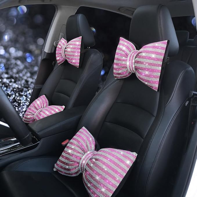 Bling Bling Rhinestones Car Pillow Headrest Auto Seat Headrest Cushion with Bling Rhinestone Automotive Accessories for Women Ladies and Girls Car Seat Pillow for Driver White-Pink 2Pcs