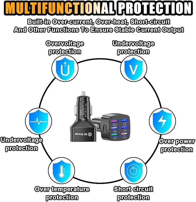 Car Charger Adapter, 6 USB Multi-Port Fast Charger QC3.0 USB Smart Shunt Cigarette Lighter Charger, Car Phone Charger for iPhone, Android, Samsung, Galaxy