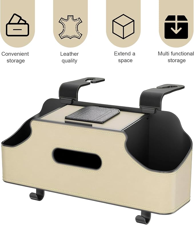 1 PC Backseat Organizer with Dual Cup Holder, Multi-function Tissue Hanging Box and 2 Hooks, Extra Rear Seat Road Trip Storage Accessories, Universal for Most Cars, Trucks, SUVs (Beige)