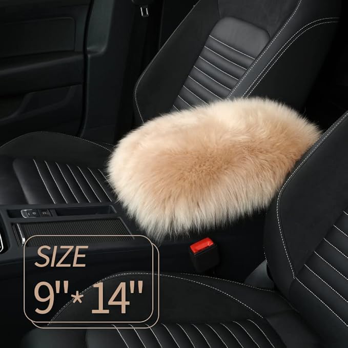 Sheepskin Armrest Cover Auto Center Armrest Cover Car Soft Console Pad, Fluffy Wool Auto Center Console Cover for Most Car Arm Rest Decoration Protector 9 x 14 Inch (Long Wool, Khaki)