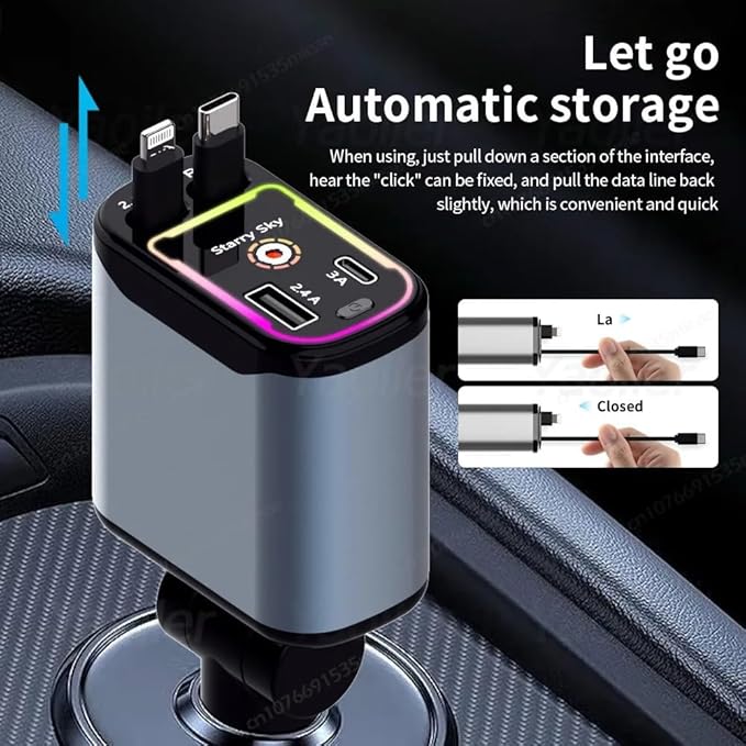 Retractable Car Charger 4 in 1 Fast Car Phone Charger | RGB Starlight | 2 Retractable Cords (Type C + iOS) with Additional 2 Ports | Charge 4 Devices | Compatible with Android & iPhone Models
