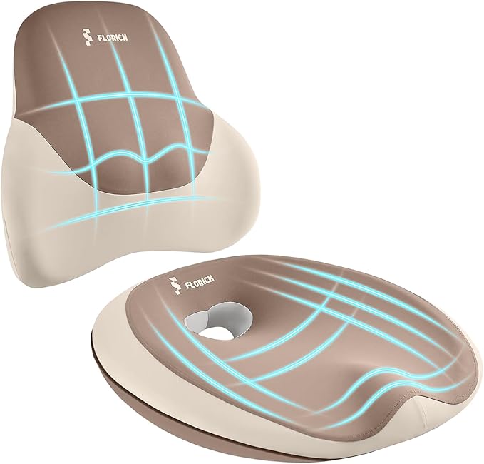 FLORICH Seat Cushion Lumbar Support Pillow for Office Chair, Car Lower Back Support, Ergonomic Desk Chair Pillow for Butt and Back Support of Memory Foam Seat Pad(Brown)