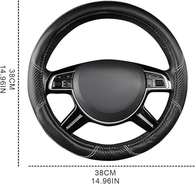CAR-GRAND Carbon Fiber Steering Wheel Cover, Premium Breathable Leather Sporty Wheel Protection Interior Accessories Standard Size[14" 1/2-15"] Unviersal Fit for Truck SUV Sedans Vans, Black Leather