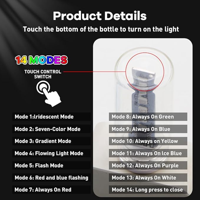 14 in 1 Modes Car USB Night Light, 7 Colors Touch Adjustment LED Interior Night Lighting Plug in USB Mini Ambient Lamps for Car, Camping, Holiday Decoration, Bedroom, Party(2Pcs)