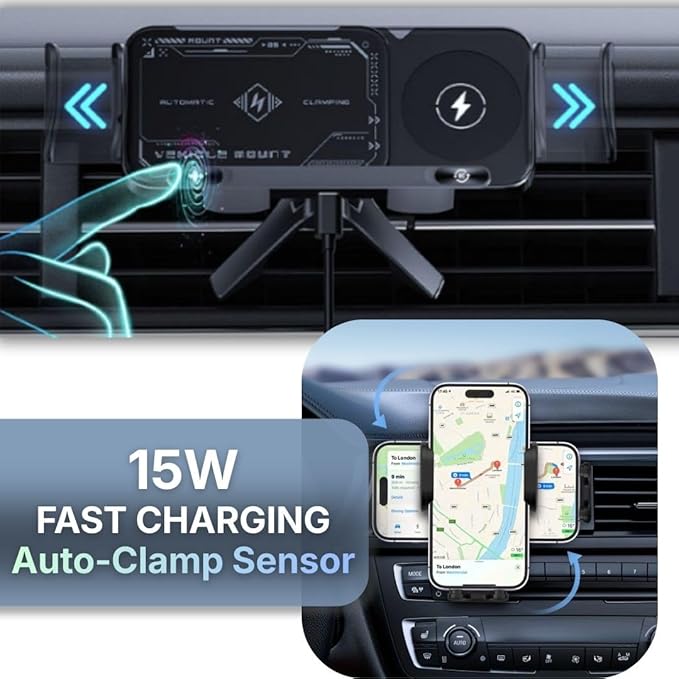 Wireless Car Charger Mount, Auto-Clamping Phone Holder with Fast Charging – Wireless Cell Phone Charging Car Mount for iPhone & Android (Air Vent Mount)