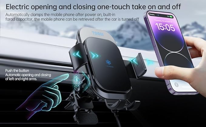 TRON Wireless Car Charger Mount, 15W Fast Charging, Auto-Clamping Dashboard/Windshield/Air Vent Phone Holder for iPhone, Android, not Compatible with Google Pixel