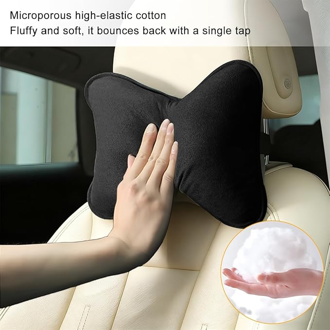 Car Headrest Pillow, Suede Soft Comfortable Breathable Vehicle Seat Neck Support Cushion with Adjustable Strap, Ergonomic Design Auto Head Rest Pad, Universal for Sedan RV Truck (Black)