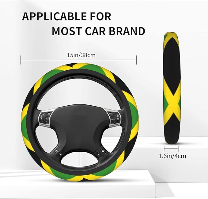 Car Steering Wheel Cover for Women Men, Non-Slip Jamaica Jamaicans Flag Car Accessory, Universal 14"-15" Fit for Cars, SUVs, Trucks (Jamaican Flag)