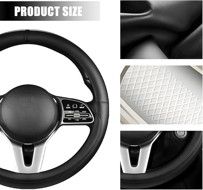 Car Steering Wheel Cover, 15 Inch Leather Anti-Slip Breathable Vehicle Steering Wheel Protector, Automotive Interior Protection Accessories, Universal for SUV Sedan Truck (Black)
