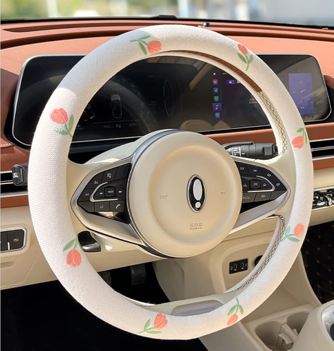 Wheel Cover Flax Microfiber Steering Wheel Covers for Women Fit 15 inch Car Cute Bow Tie Anti-Slip Breathable Absorbing Sweat Cover (Type-D-Tulip)