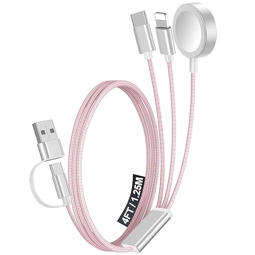 1Pack Multi Charging Cable Cord for Travel Essentials,Apple Watch Charger,iPhone Charger,[3-in-2] Type C/LCable Portable Designed for iWatch,iPhone 17-8,Galaxy S25-21,AirPods,iPad-4FT Pink